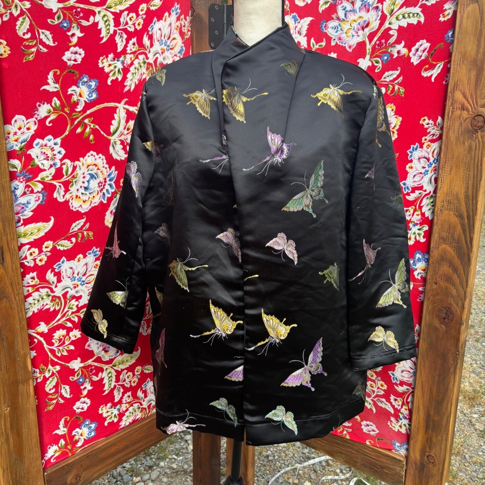 Vintage Black Butterfly Print Kimono Style Jacket Women's Size XL